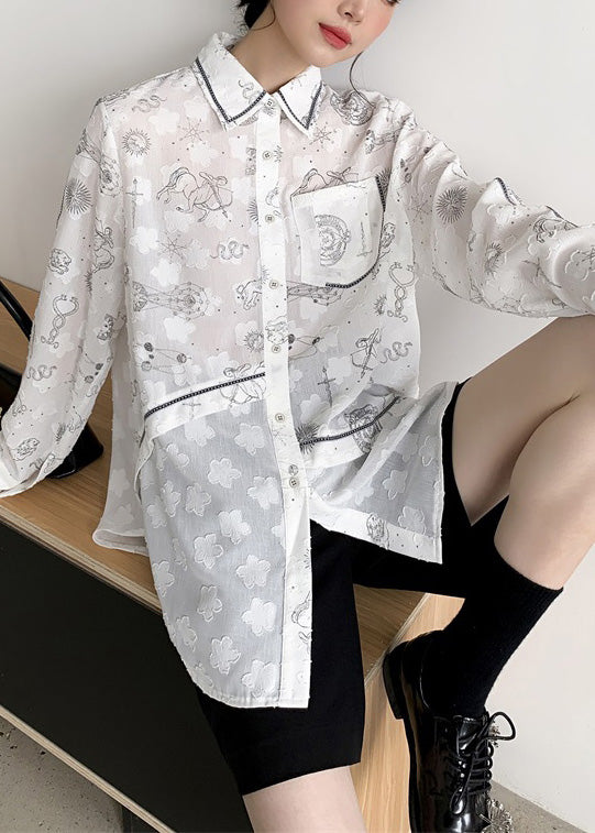 Style White Peter Pan Collar Print Button Shirts Long Sleeve