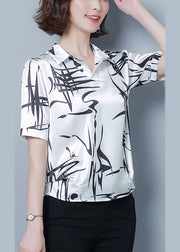 Style White Peter Pan Collar Print Silk Shirt Top Short Sleeve