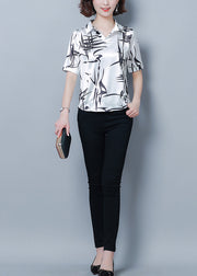 Style White Peter Pan Collar Print Silk Shirt Top Short Sleeve