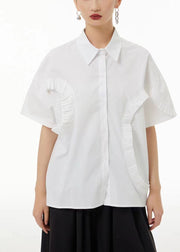 Style White Peter Pan Collar Wrinkled Cotton Shirt Top Summer