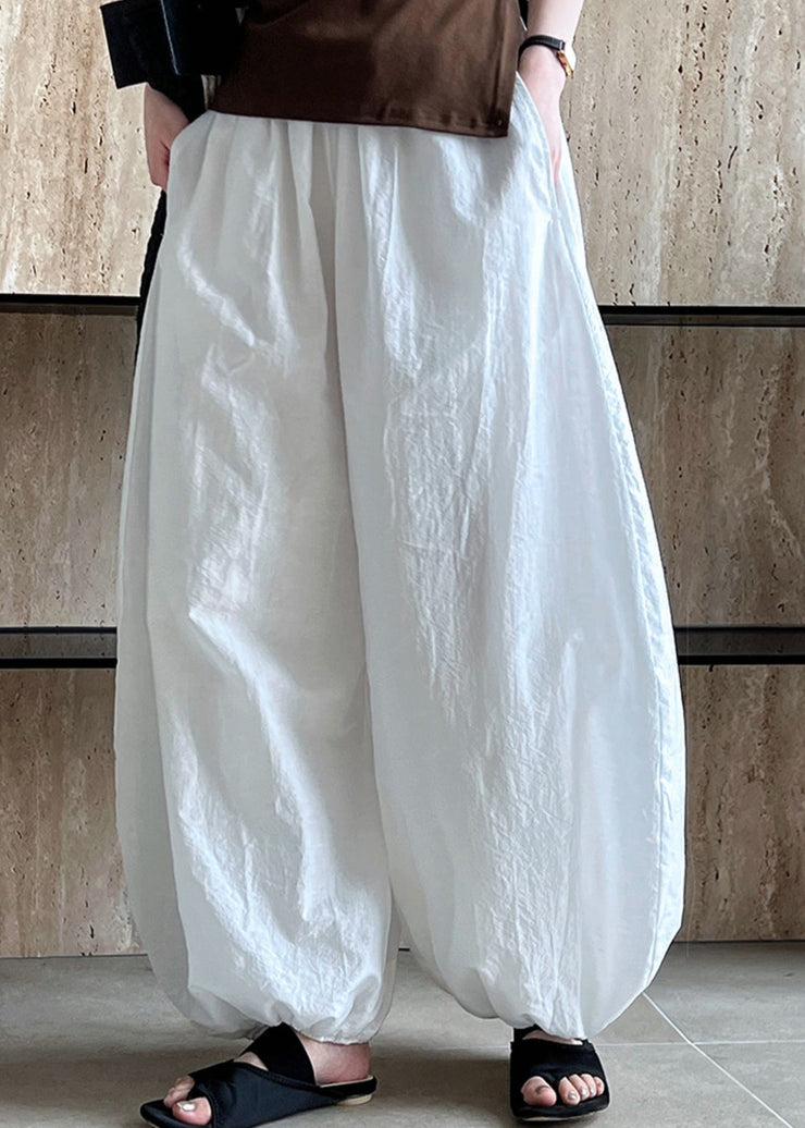 Style White Pockets Elastic Waist Cotton Lantern Pants Summer