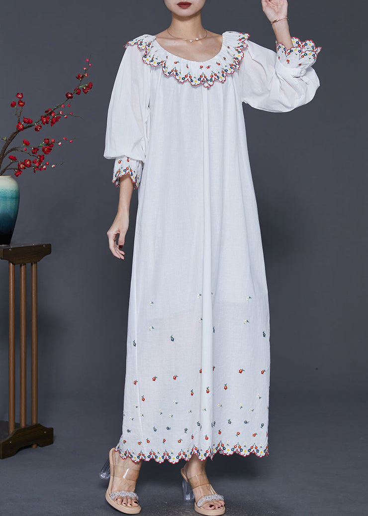 Style White Ruffled Embroidered Cotton Long Dress Spring