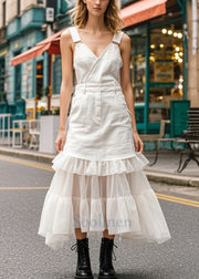 Style White Ruffled Patchwork Tulle Denim Long Dresses Summer