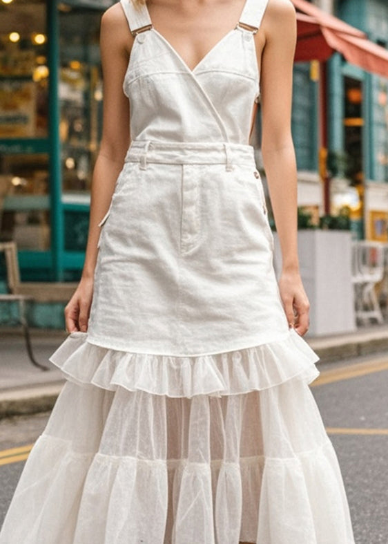 Style White Ruffled Patchwork Tulle Denim Long Dresses Summer