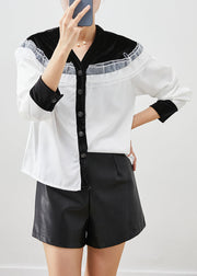 Style White Ruffled Patchwork Velour Spandex Shirt Top Fall