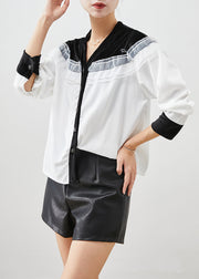 Style White Ruffled Patchwork Velour Spandex Shirt Top Fall