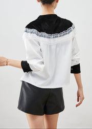 Style White Ruffled Patchwork Velour Spandex Shirt Top Fall