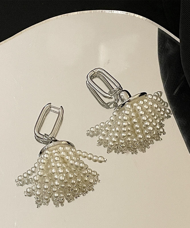 Style White Sterling Silver Alloy Pearl Tassel Drop Earrings