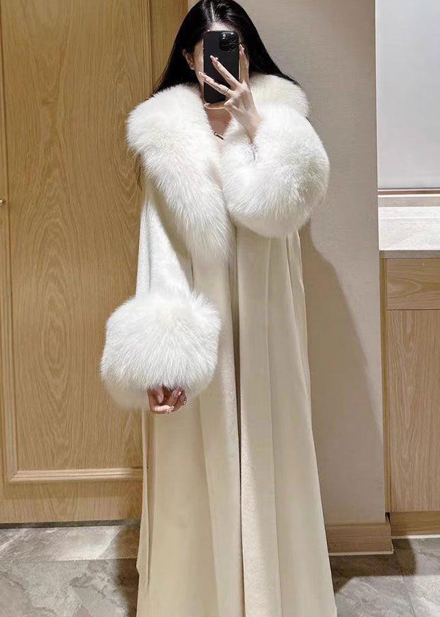 Style White Tie Waist Fur Collar Patchwork Woolen Coats Winter