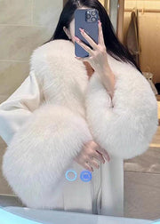 Style White Tie Waist Fur Collar Patchwork Woolen Coats Winter