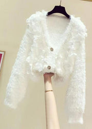 Style White V Neck Nail Bead Tassel Mink Hair Knitted Shirt Long Sleeve