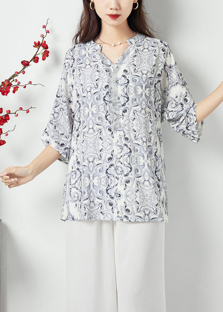 Style White V Neck Oversized Print Chiffon Shirts Summer