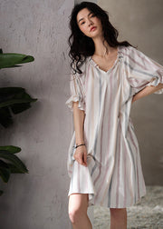 Style White V Neck Striped Cotton Long Dresses Summer