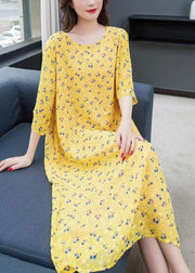 Style Yellow O Neck Print Patchwork Chiffon Dress Summer