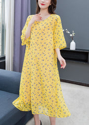 Style Yellow O Neck Print Patchwork Chiffon Dress Summer