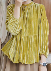 Style Yellow O Neck Wrinkled Patchwork Silk Velour Shirt Fall