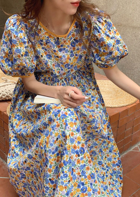 Style Yellow O Neck Wrinkled Print Cotton Dresses Summer