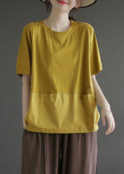 Style Yellow Oversized Patchwork Cotton Tops Short Sleeve