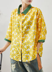 Style Yellow Oversized Print Linen Shirt Tops Bracelet Sleeve