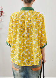 Style Yellow Oversized Print Linen Shirt Tops Bracelet Sleeve