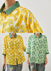 Style Yellow Oversized Print Linen Shirt Tops Bracelet Sleeve