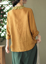 Style Yellow Peter Pan Collar Embroideried Linen Shirts Long Sleeve