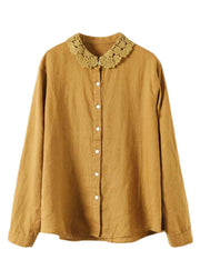 Style Yellow Peter Pan Collar Embroideried Linen Shirts Long Sleeve