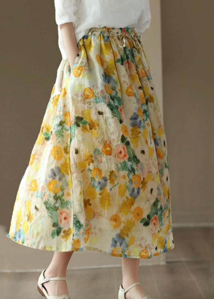 Style Yellow Pockets Elastic Waist Patchwork Linen Skirt Summer