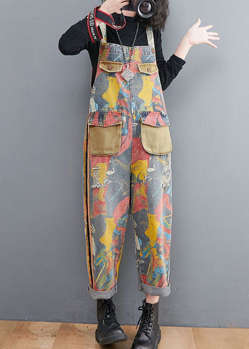 Style Yellow Print Patch Denim Spaghetti Strap Jumpsuit Spring