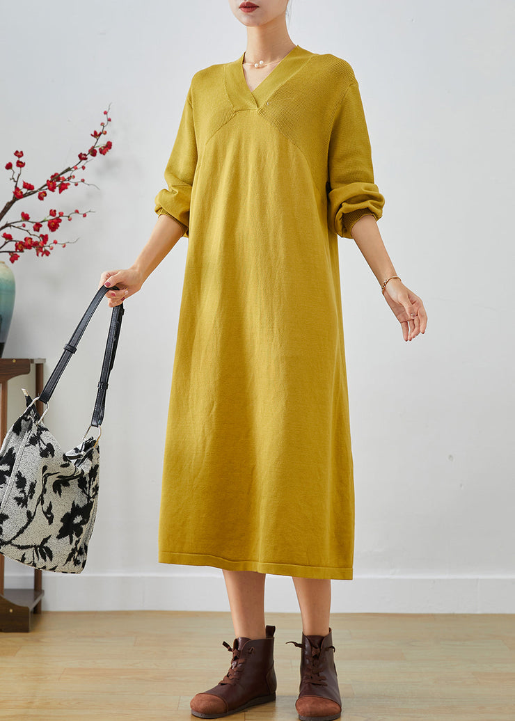 Style Yellow V Neck Patchwork Knit Holiday Dress Fall