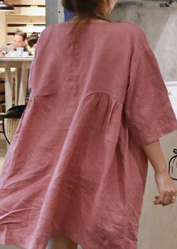 Style pink cotton linen outfit o neck Cinched A Line summer Dresses - bagstylebliss