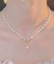 Stylish Alloy Pearl Zircon Bow Graduated Bead Necklace