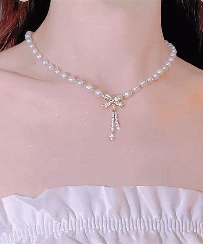 Stylish Alloy Pearl Zircon Bow Graduated Bead Necklace