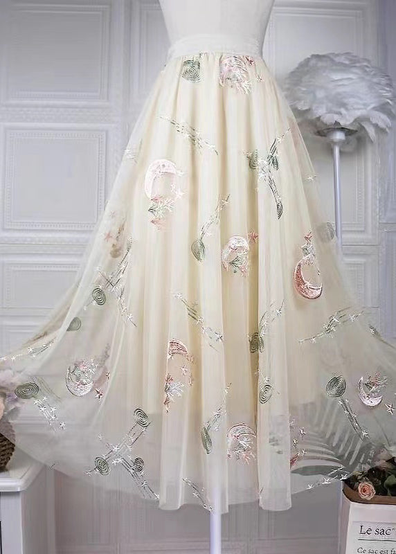 Stylish Apricot Embroidered High Waist Tulle Skirts Spring