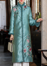 Stylish Apricot Faux Fur Collar Embroideried Floral Thick Satin Cheongsam Long Sleeve