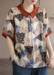 Stylish Apricot Peter Pan Collar Print Patchwork Cotton T Shirt Summer