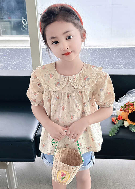 Stylish Apricot Peter Pan Collar Print Wrinkled Girls Top Short Sleeve