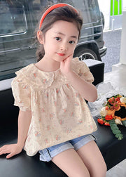 Stylish Apricot Peter Pan Collar Print Wrinkled Girls Top Short Sleeve