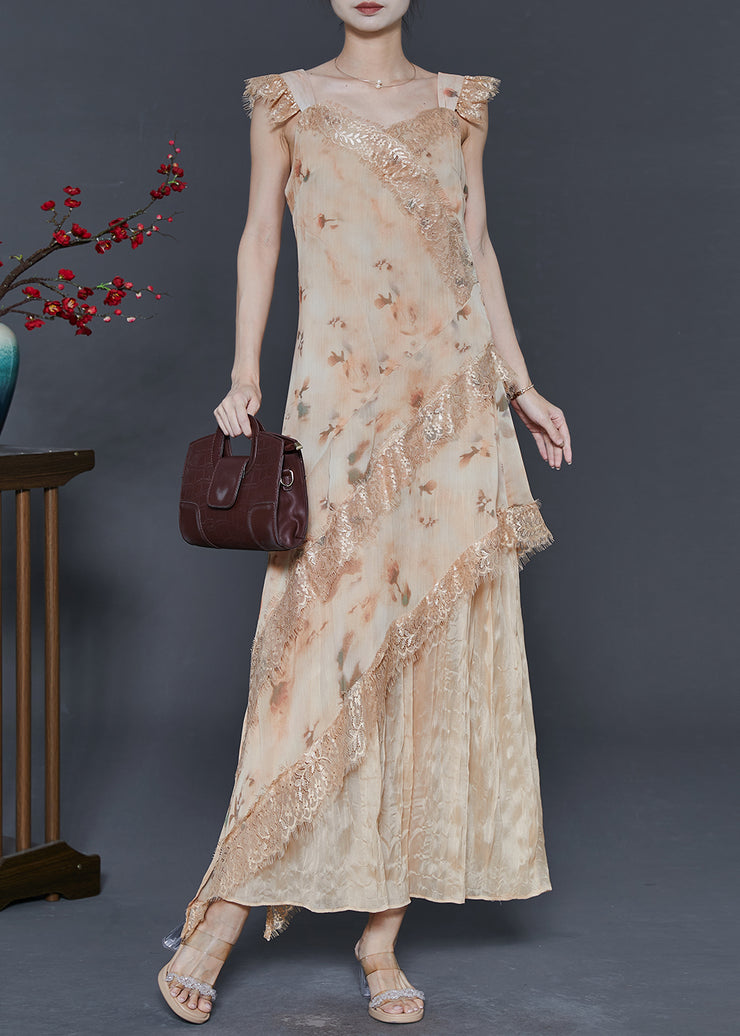 Stylish Apricot Print Patchwork Lace Holiday Dress Summer