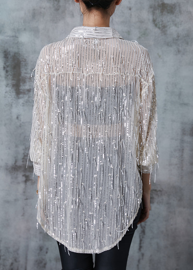 Stylish Apricot Sequins Tasseled Tulle Shirt Top Summer