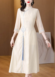 Stylish Apricot Stand Collar Embroidered Tassel Silk Long Dresses Fall