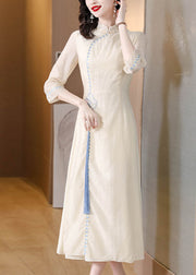 Stylish Apricot Stand Collar Embroidered Tassel Silk Long Dresses Fall