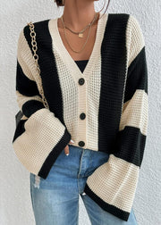 Stylish Apricot V Neck Striped Knit Loose Coat Fall