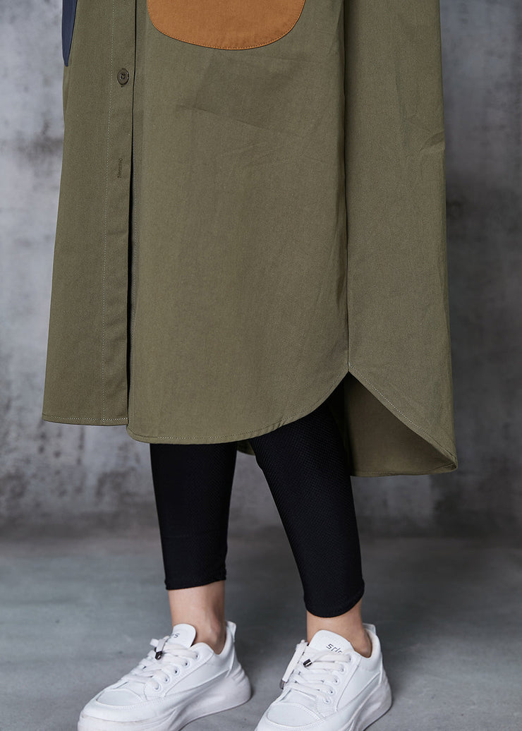 Stylish Army Green Oversized Patchwork Cotton Shirt Dress Spring