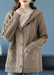 Stylish Beige Button Woolen Knit Hooded Coat Fall