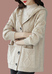 Stylish Beige Button Woolen Knit Hooded Coat Fall