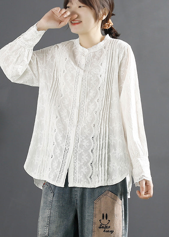 Stylish Beige Embroidered Hollow Out Cotton Shirt Tops Spring