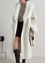 Stylish Beige Fur Collar Tie Waist Long Woolen Coats Winter