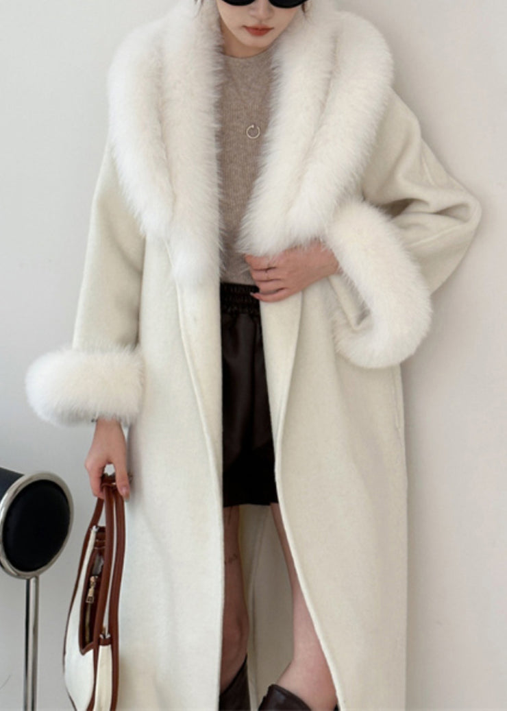 Stylish Beige Fur Collar Tie Waist Long Woolen Coats Winter