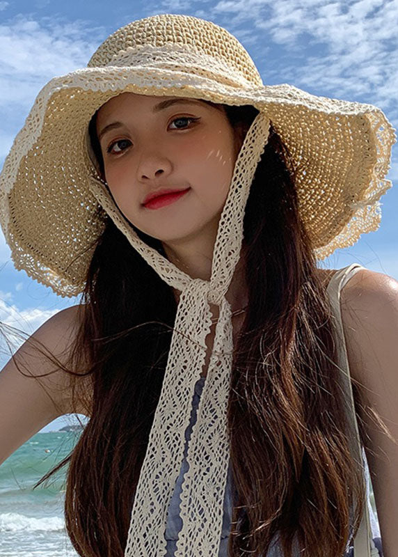 Stylish Beige Hollow Out Lace Straw Woven Floppy Sun Hat